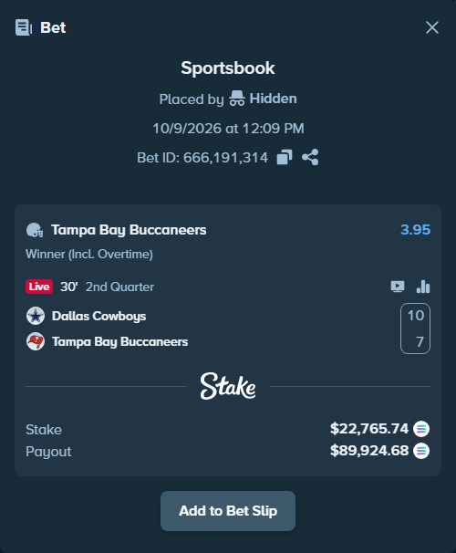 Bet slip: Dallas Cowboys - Tampa Bay Buccaneers, $23,027.20 stake at 3.95 odds, placed by Hidden