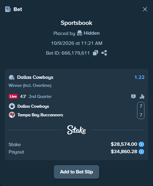Bet slip: Dallas Cowboys - Tampa Bay Buccaneers, $28,574.00 stake at 1.22 odds, placed by Hidden