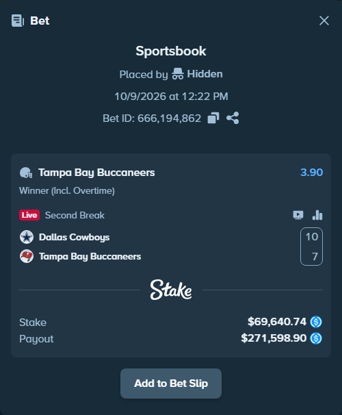 Bet slip: Dallas Cowboys - Tampa Bay Buccaneers, $69,640.74 stake at 3.90 odds, placed by Hidden