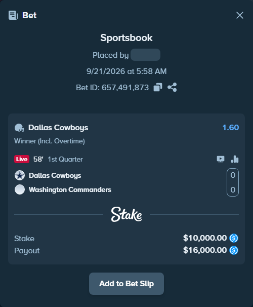 Bet slip: Dallas Cowboys - Washington Commanders, $10,000.00 stake at 1.60 odds, placed by zhekamexx