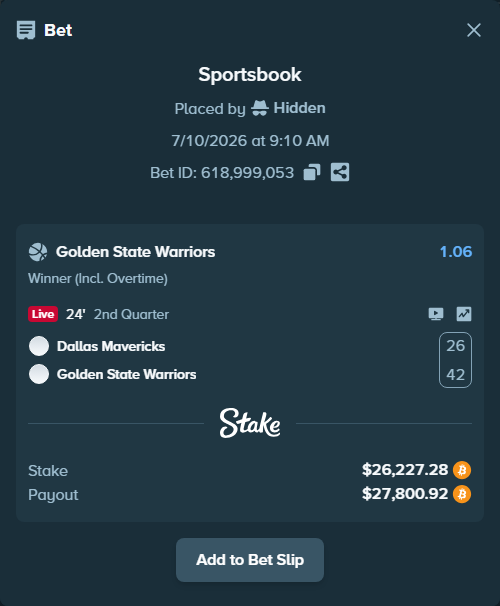 Bet slip: Dallas Mavericks - Golden State Warriors, $26,689.03 stake at 1.06 odds, placed by Hidden