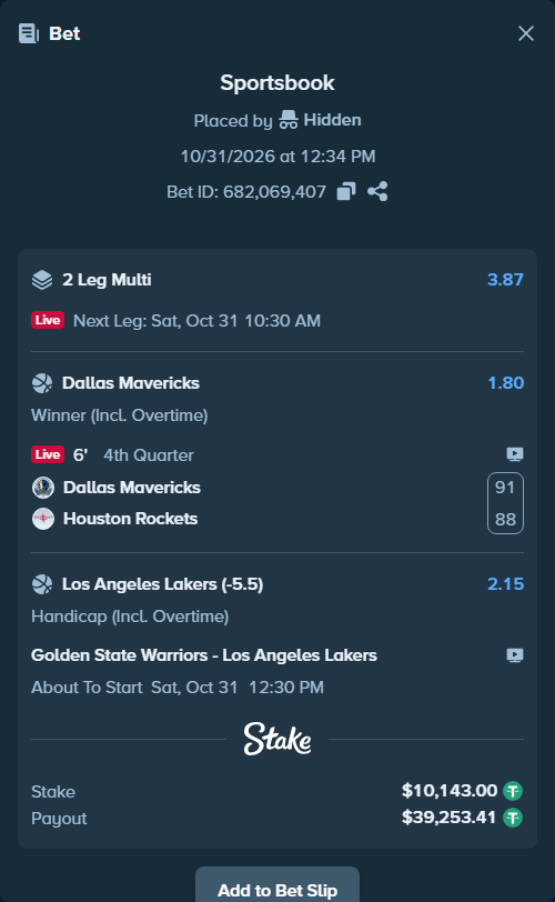 Bet slip: Dallas Mavericks - Houston Rockets, $10,153.14 stake at 1.80 odds, placed by Hidden