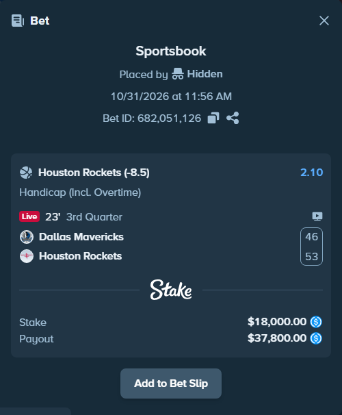 Bet slip: Dallas Mavericks - Houston Rockets, $18,000.00 stake at 2.10 odds, placed by homiakkk