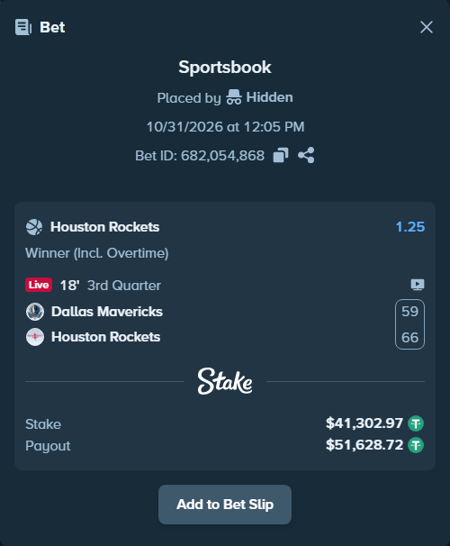 Bet slip: Dallas Mavericks - Houston Rockets, $41,344.28 stake at 1.25 odds, placed by Hidden