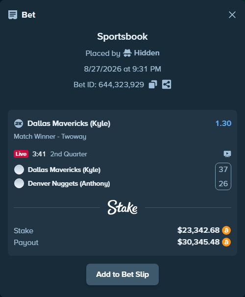 Bet slip: Dallas Mavericks (Kyle) - Denver Nuggets (Anthony), $23,314.73 stake at 1.30 odds, placed by Hidden