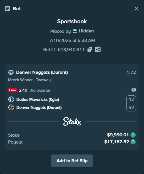 Bet slip: Dallas Mavericks (Kyle) - Denver Nuggets (Durant), $10,000.00 stake at 1.72 odds, placed by Hidden