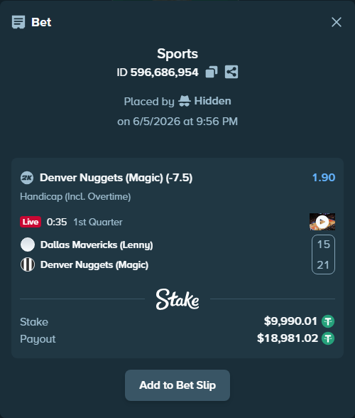 Bet slip: Dallas Mavericks (Lenny) - Denver Nuggets (Magic), $10,000.00 stake at 1.90 odds, placed by Hidden