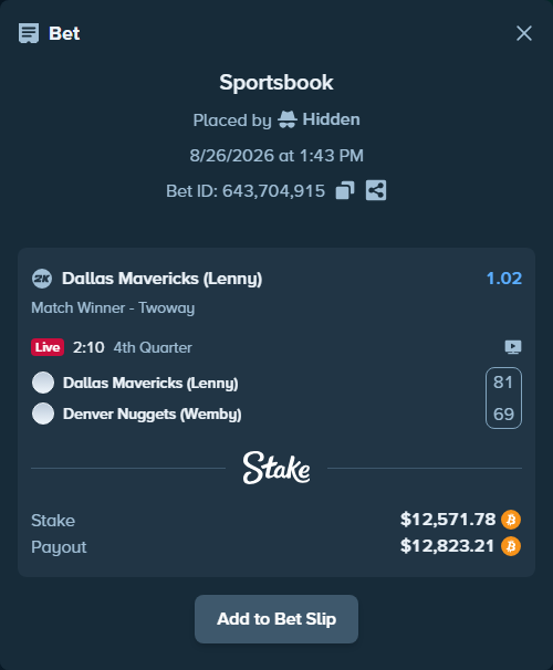 Bet slip: Dallas Mavericks (Lenny) - Denver Nuggets (Wemby), $12,546.27 stake at 1.02 odds, placed by Hidden