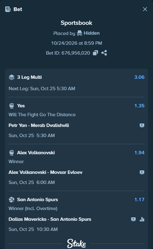 Bet slip: Dallas Mavericks - San Antonio Spurs, $10,067.03 stake at 1.17 odds, placed by Hidden