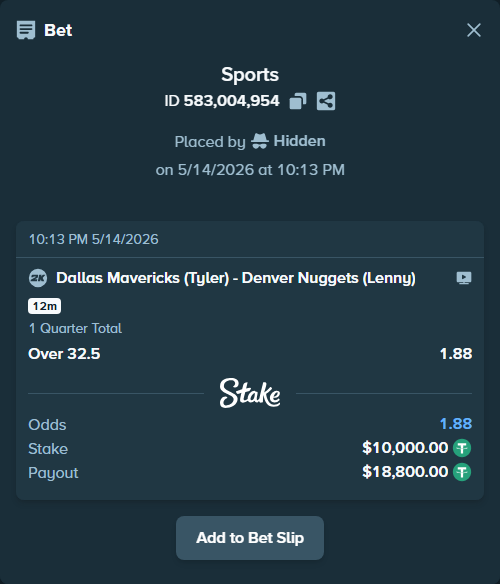 Bet slip: Dallas Mavericks (Tyler) - Denver Nuggets (Lenny), $10,000.00 stake at 1.88 odds, placed by Hidden
