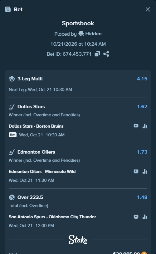 Bet slip: Dallas Stars - Boston Bruins, $20,049.90 stake at 1.62 odds, placed by MrDivinity