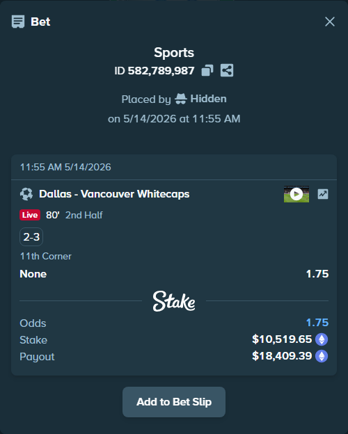 Bet slip: Dallas - Vancouver Whitecaps, $8,054.14 stake at 1.75 odds, placed by Hidden
