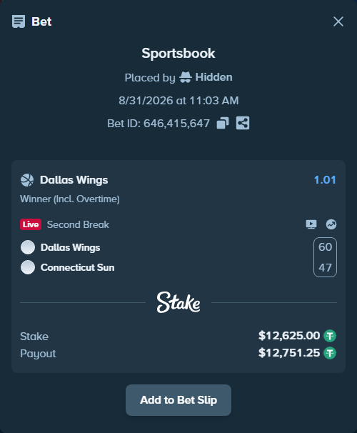 Bet slip: Dallas Wings - Connecticut Sun, $12,625.00 stake at 1.01 odds, placed by Hidden