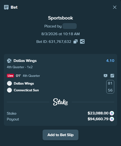 Bet slip: Dallas Wings - Connecticut Sun, $22,902.04 stake at 4.10 odds, placed by Prettylfacko98