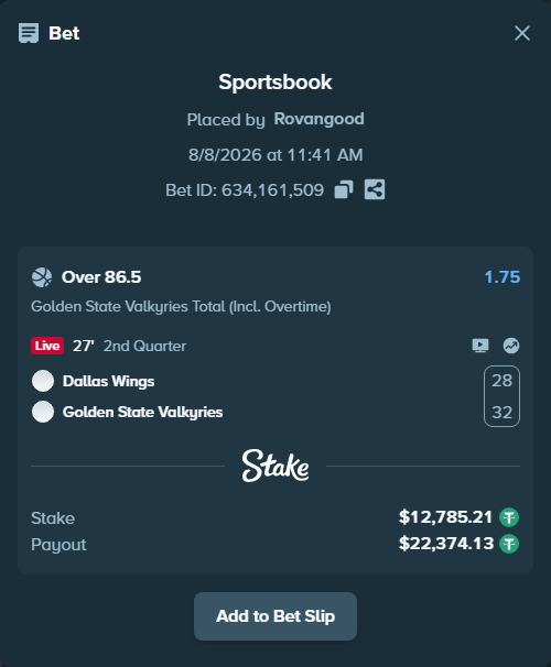 Bet slip: Dallas Wings - Golden State Valkyries, $12,798.00 stake at 1.75 odds, placed by Rovangood