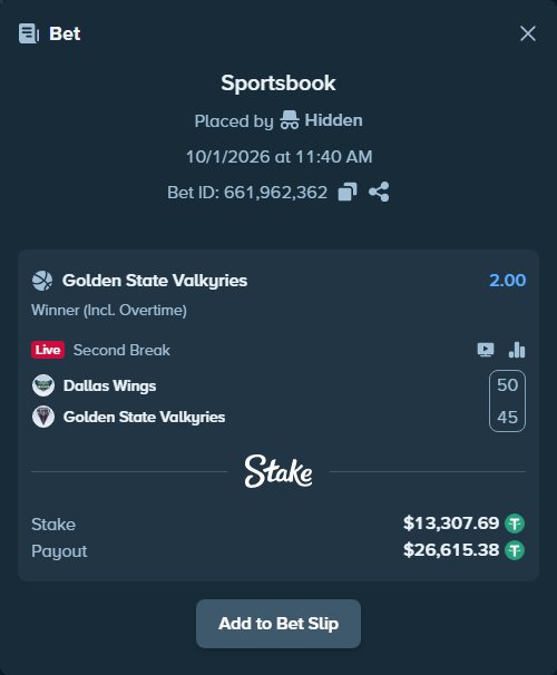 Bet slip: Dallas Wings - Golden State Valkyries, $13,321.00 stake at 2.00 odds, placed by Theketkitkitty