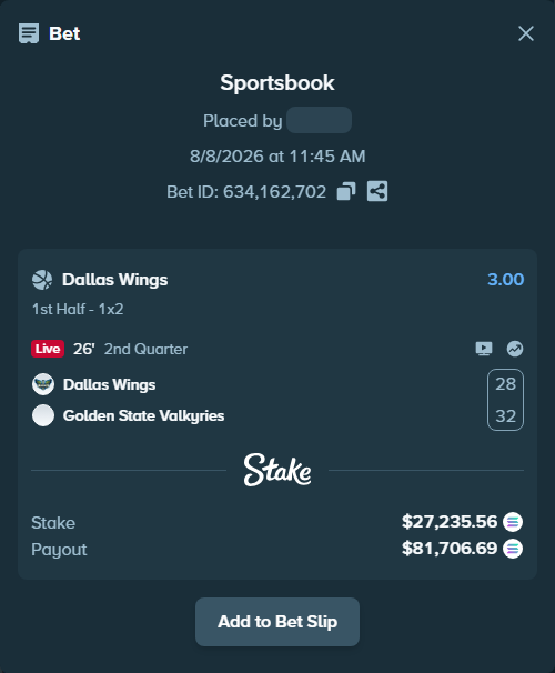 Bet slip: Dallas Wings - Golden State Valkyries, $27,587.65 stake at 3.00 odds, placed by Prettylfacko98
