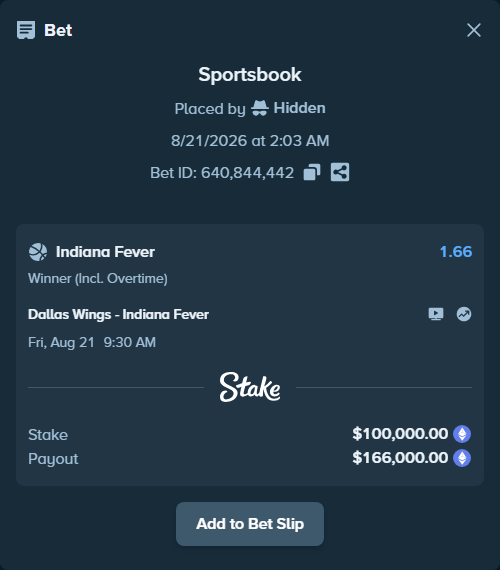 Bet slip: Dallas Wings - Indiana Fever, $108,406.70 stake at 1.66 odds, placed by Hidden