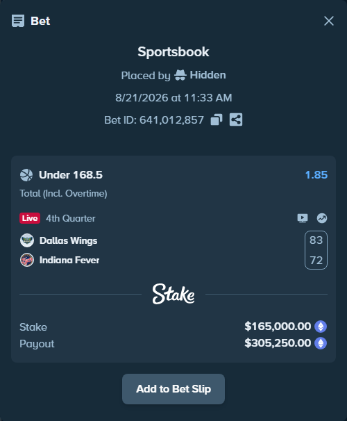 Bet slip: Dallas Wings - Indiana Fever, $163,939.14 stake at 1.85 odds, placed by Hidden