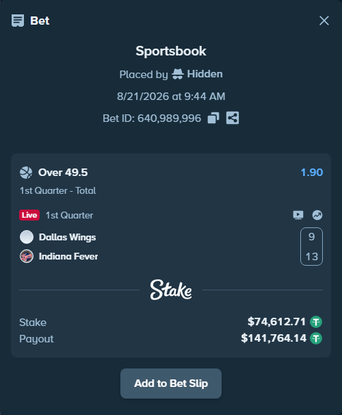 Bet slip: Dallas Wings - Indiana Fever, $74,612.71 stake at 1.90 odds, placed by Hidden