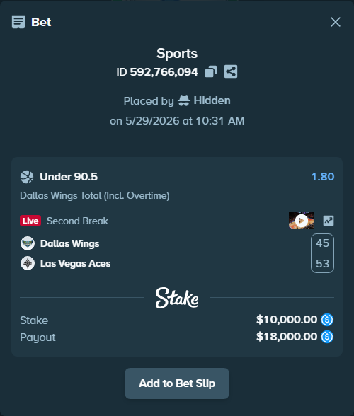 Bet slip: Dallas Wings - Las Vegas Aces, $10,000.00 stake at 1.80 odds, placed by Hidden
