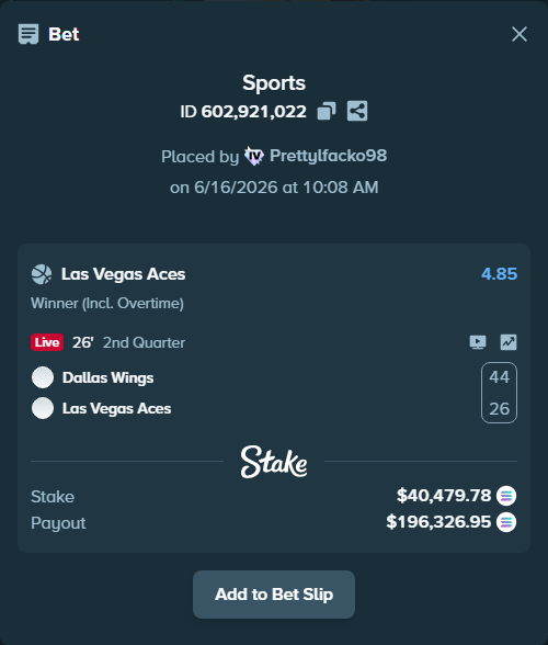 Bet slip: Dallas Wings - Las Vegas Aces, $40,348.43 stake at 4.85 odds, placed by Prettylfacko98