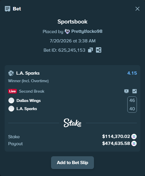 Bet slip: Dallas Wings - Los Angeles Sparks, $109,459.42 stake at 4.15 odds, placed by Prettylfacko98