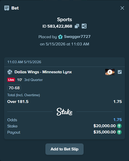 Bet slip: Dallas Wings - Minnesota Lynx, $20,000.00 stake at 1.75 odds, placed by Swagger7727
