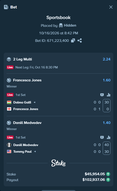 Bet slip: Dalma Galfi - Francesca Jones, $46,000.00 stake at 1.60 odds, placed by Hidden