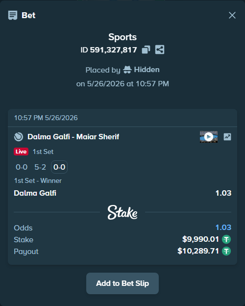 Bet slip: Dalma Galfi - Maiar Sherif, $10,000.00 stake at 1.03 odds, placed by Hidden