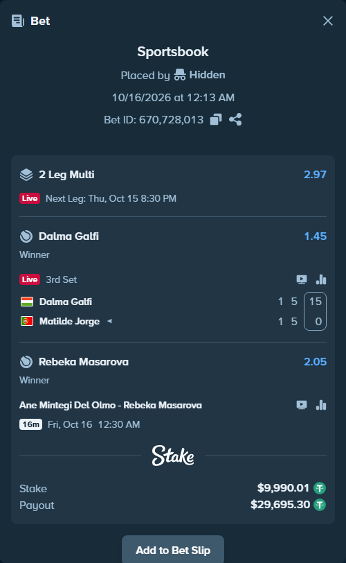 Bet slip: Dalma Galfi - Matilde Jorge, $10,000.00 stake at 1.45 odds, placed by Hidden