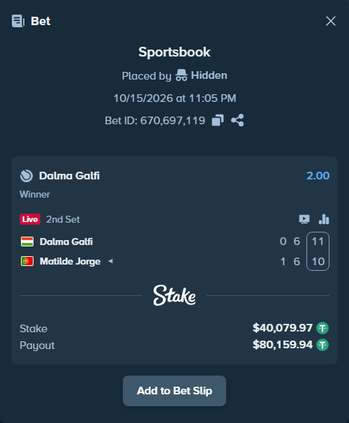 Bet slip: Dalma Galfi - Matilde Jorge, $40,120.05 stake at 2.00 odds, placed by Hidden