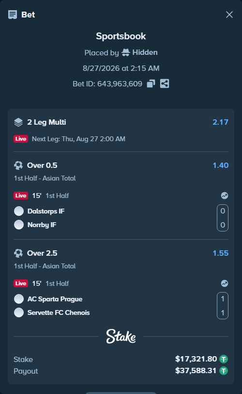 Bet slip: Dalstorps IF - Norrby IF, $17,321.80 stake at 1.40 odds, placed by Hidden