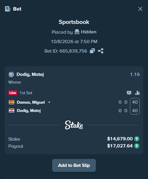 Bet slip: Damas, Miguel - Dodig, Matej, $14,679.00 stake at 1.16 odds, placed by Hidden