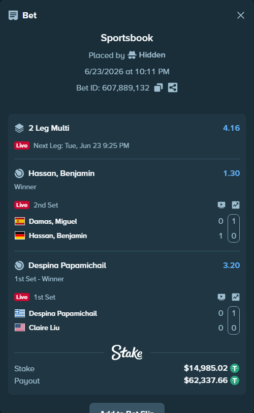 Bet slip: Damas, Miguel - Hassan, Benjamin, $15,000.00 stake at 1.30 odds, placed by Hidden