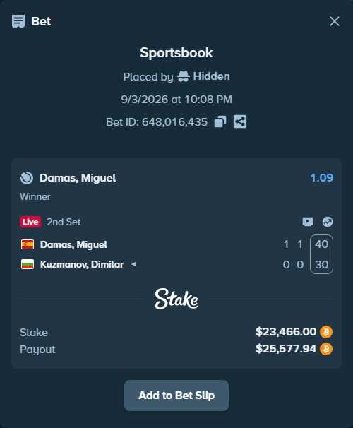Bet slip: Damas, Miguel - Kuzmanov, Dimitar, $24,573.54 stake at 1.09 odds, placed by Hidden