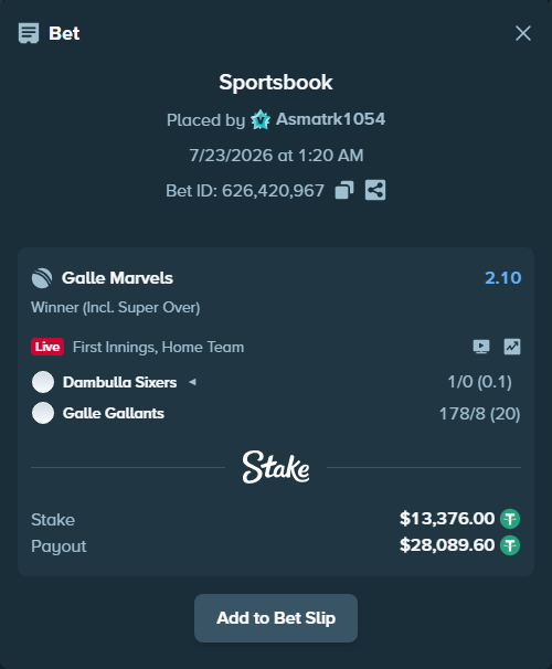 Bet slip: Dambulla Sixers - Galle Gallants, $13,389.38 stake at 2.10 odds, placed by Asmatrk1054