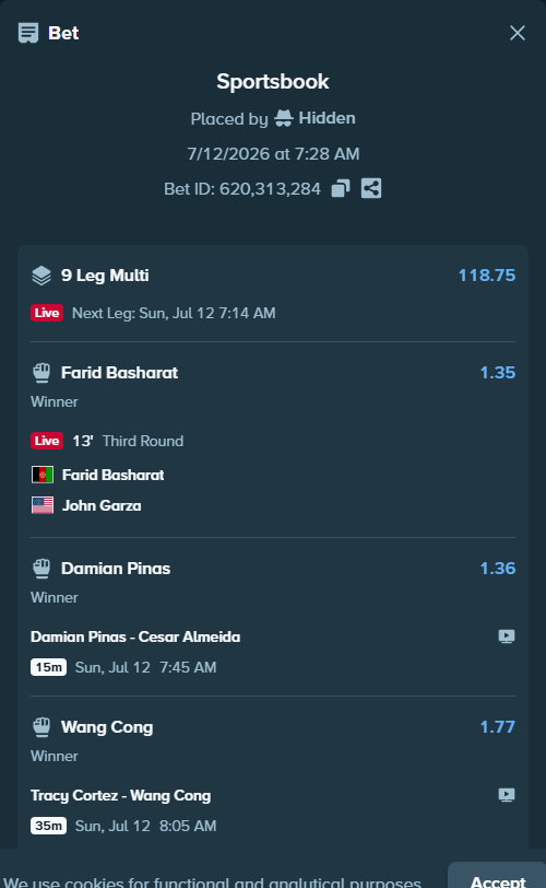 Bet slip: Damian Pinas - Cesar Almeida, $15,652.74 stake at 1.36 odds, placed by Hidden