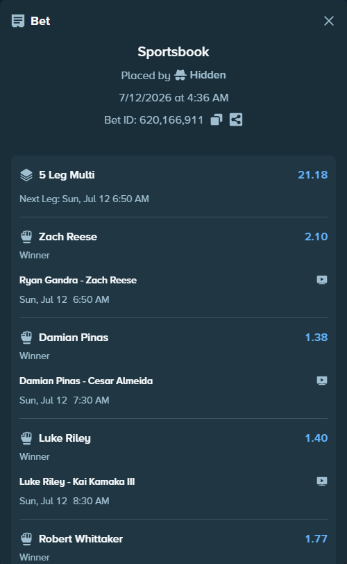 Bet slip: Damian Pinas - Cesar Almeida, $26,059.36 stake at 1.38 odds, placed by Hidden