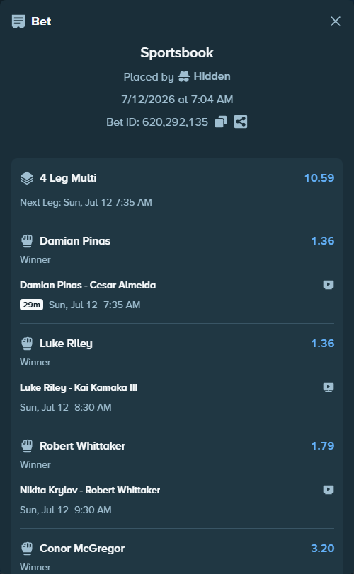 Bet slip: Damian Pinas - Cesar Almeida, $30,212.30 stake at 1.36 odds, placed by Hidden