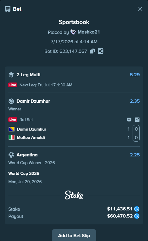 Bet slip: Damir Dzumhur - Matteo Arnaldi, $11,436.51 stake at 2.35 odds, placed by Mashko21