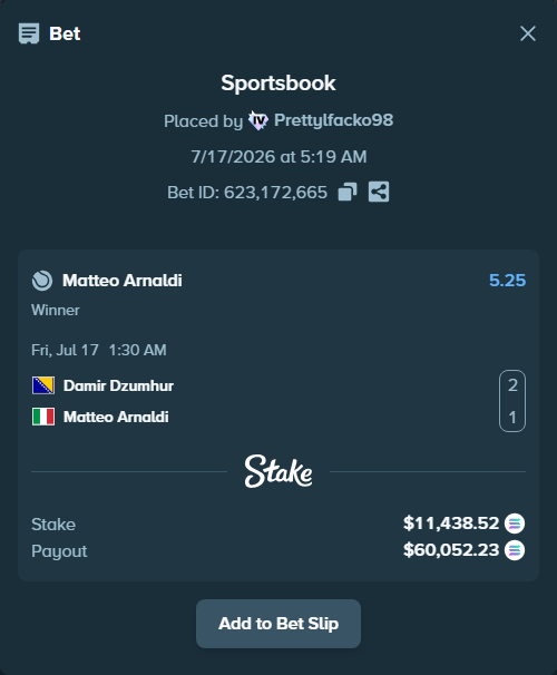 Bet slip: Damir Dzumhur - Matteo Arnaldi, $10,964.02 stake at 5.25 odds, placed by Prettylfacko98