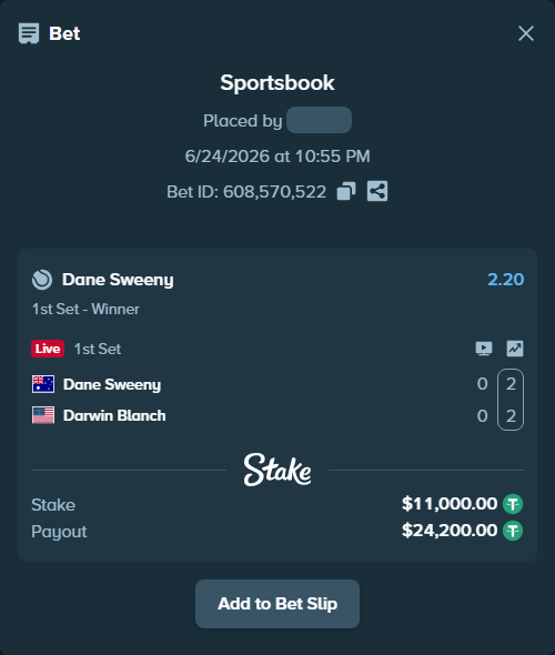 Bet slip: Dane Sweeny - Darwin Blanch, $11,011.00 stake at 2.20 odds, placed by Horodek95