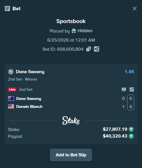 Bet slip: Dane Sweeny - Darwin Blanch, $27,835.00 stake at 1.45 odds, placed by Hidden