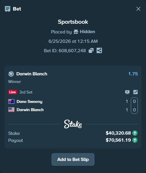 Bet slip: Dane Sweeny - Darwin Blanch, $40,361.00 stake at 1.75 odds, placed by Hidden