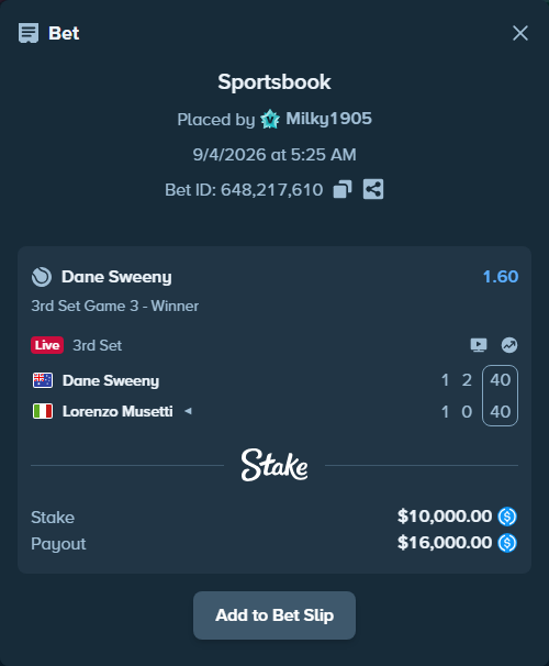 Bet slip: Dane Sweeny - Lorenzo Musetti, $10,000.00 stake at 1.60 odds, placed by Milky1905
