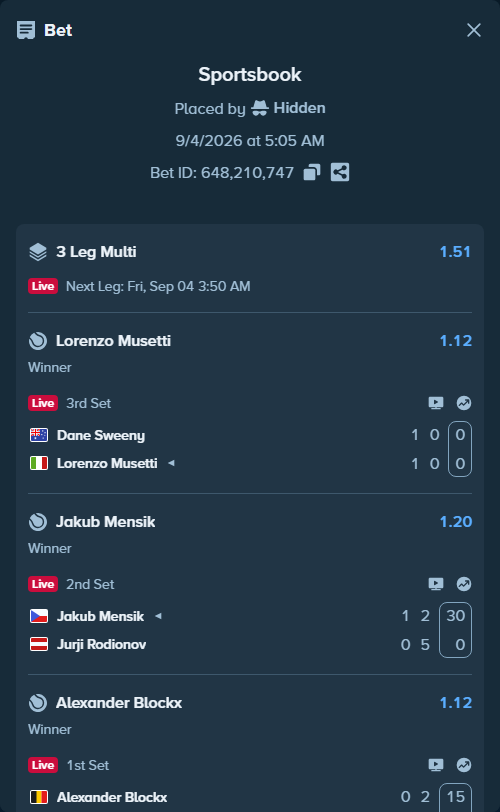 Bet slip: Dane Sweeny - Lorenzo Musetti, $11,994.59 stake at 1.12 odds, placed by Hidden
