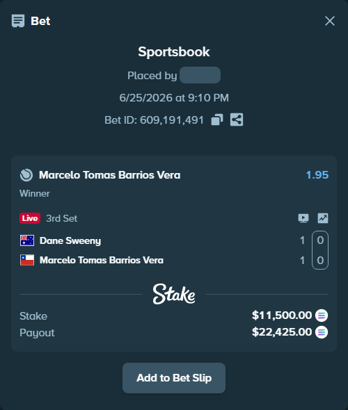 Bet slip: Dane Sweeny - Marcelo Tomas Barrios Vera, $13,043.90 stake at 1.95 odds, placed by Othmane2kiks