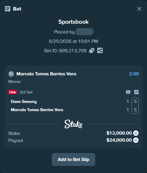 Bet slip: Dane Sweeny - Marcelo Tomas Barrios Vera, $13,620.28 stake at 2.00 odds, placed by Othmane2kiks