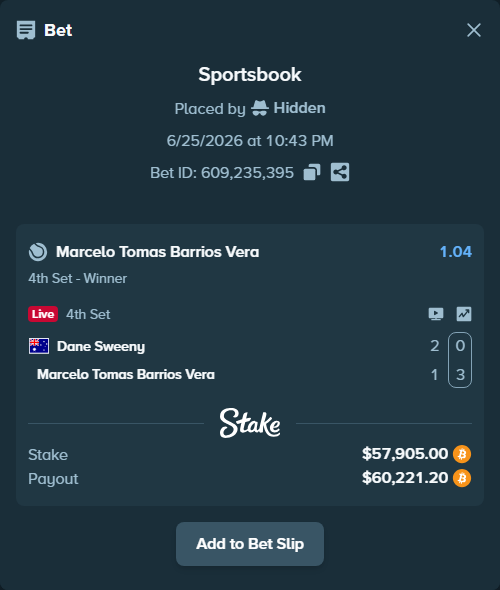 Bet slip: Dane Sweeny - Marcelo Tomas Barrios Vera, $56,859.72 stake at 1.04 odds, placed by Hidden